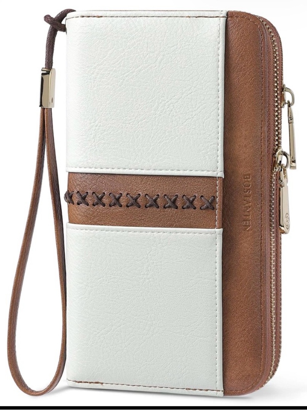 Bostanen RFID White and Brown double zip Full Capacity Wristlet Wallet - Picture 7 of 16